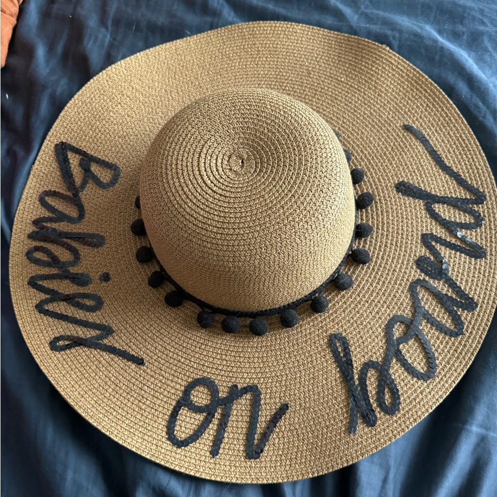 Tan Straw Hat with 'Babies on Board' Embroidery